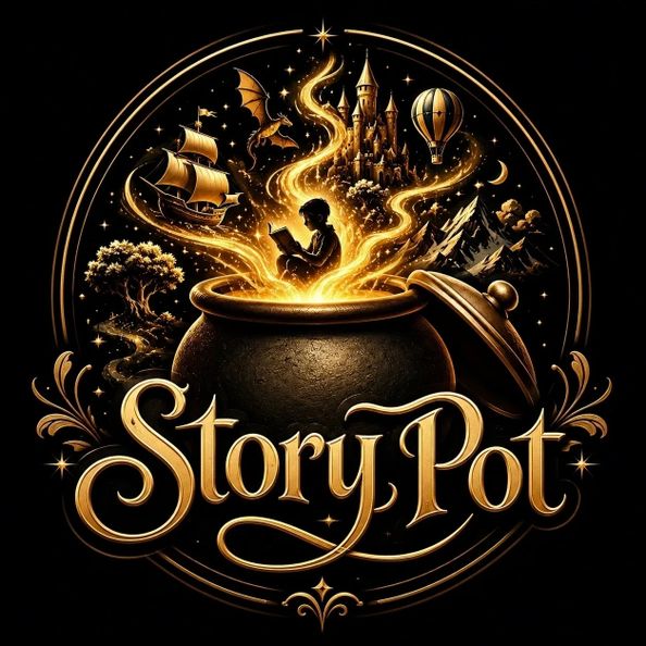 StoryPot mystical cauldron illustration overflowing with golden storytelling magic