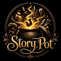 StoryPot logo — golden cauldron with storytelling magic